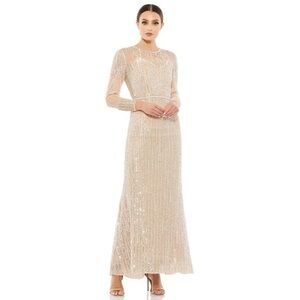 MAC DUGGAL Rose Gold SEQUINED ILLUSION HIGH NECK LONG SLEEVE TRUMPET GOWN